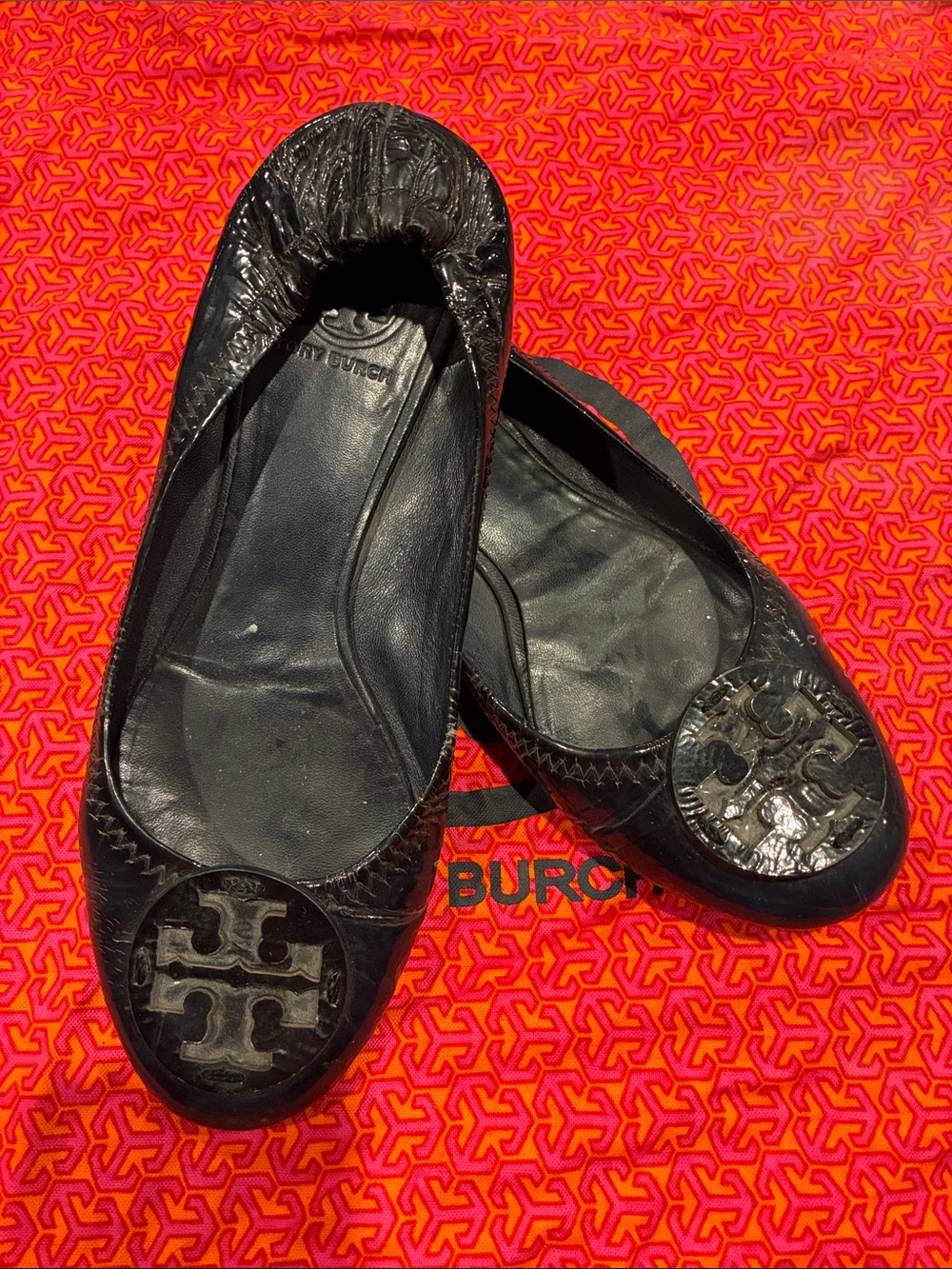 Tory Burch Blue Reva Patent Logo Ballet Flats